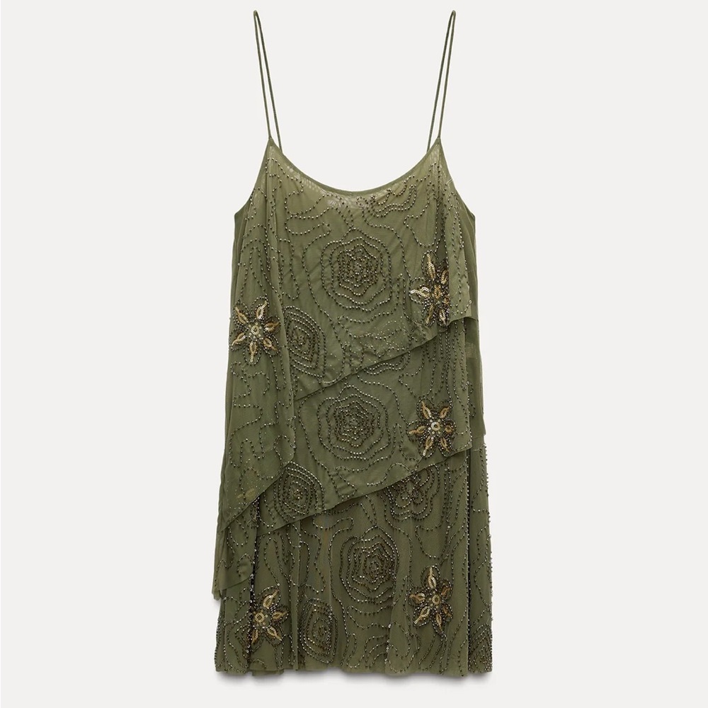 Zara Olive Green Beaded Mini Dress